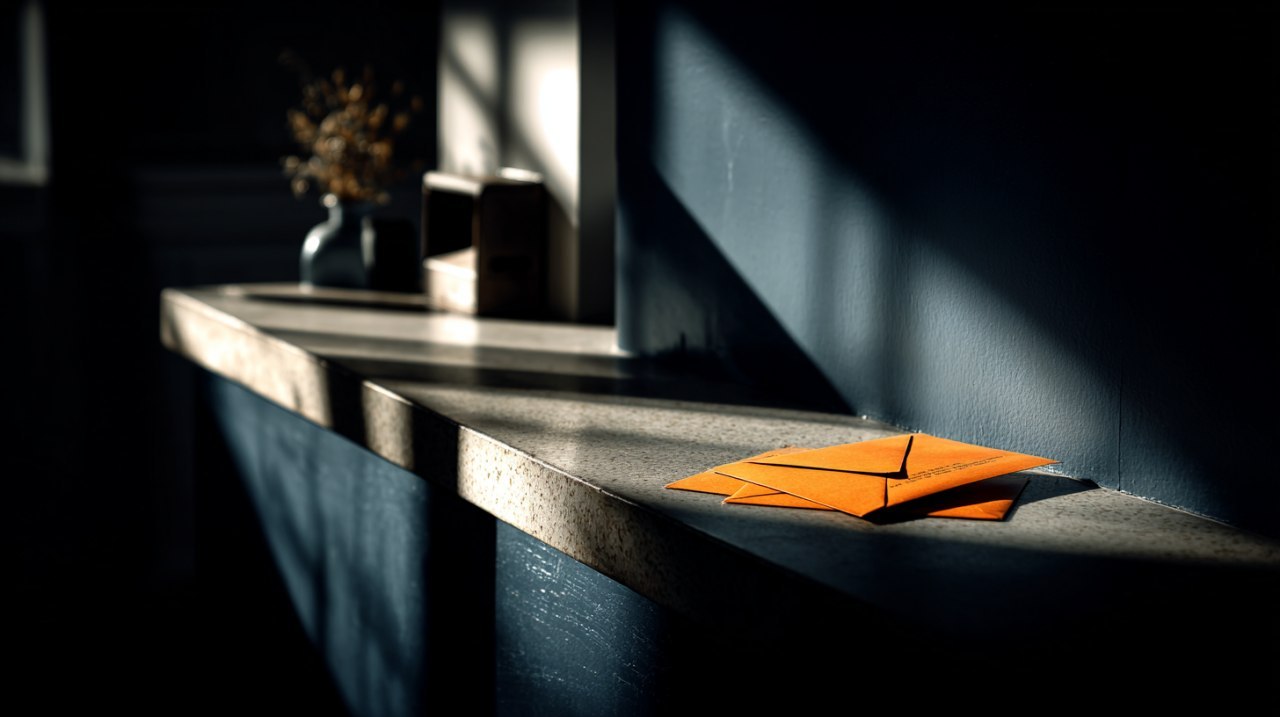 Orange envelopes on a shelf in the sunlight
